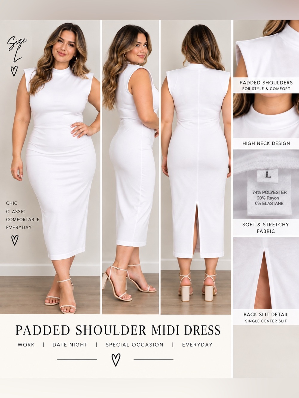 Padded Shoulder Midi Dress - White
